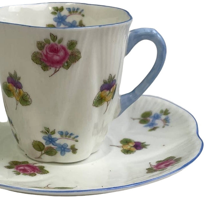Vintage Shelley England Blue Trim Wildflowers Saucer Cup Fine Bone China Teacup