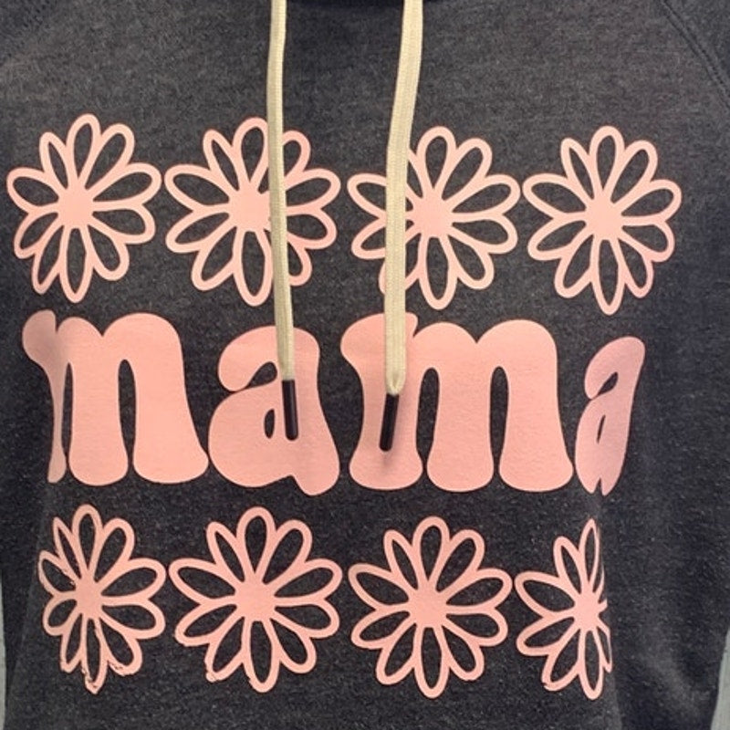 Hand Printed Upcycled Womens Large MAMA Mock Hoodie Front Pocket Sweatshirt
