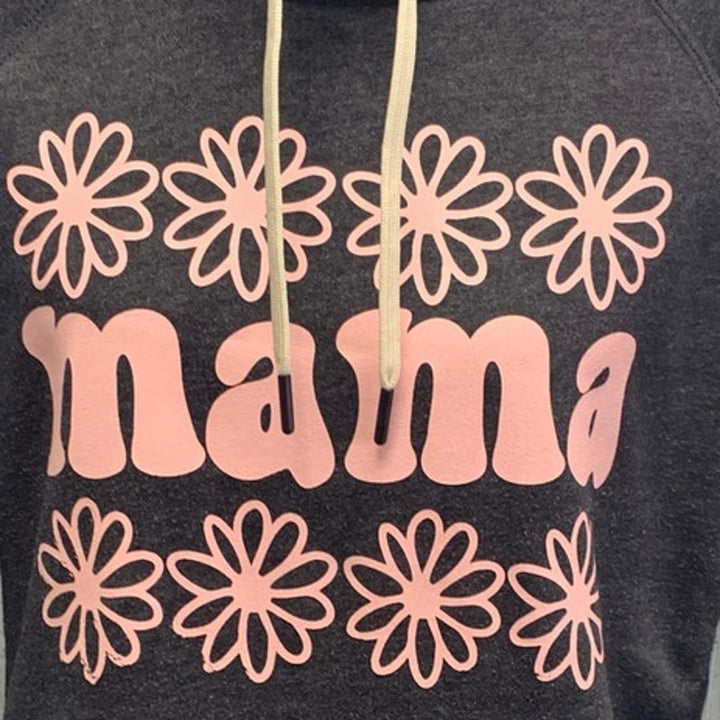 Hand Printed Upcycled Womens Large MAMA Mock Hoodie Front Pocket Sweatshirt