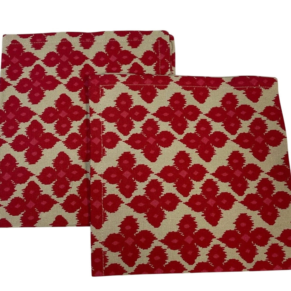 8 Red Tan Stripe Floral Geometric Square Cotton Blend Cloth Napkins Tablescape