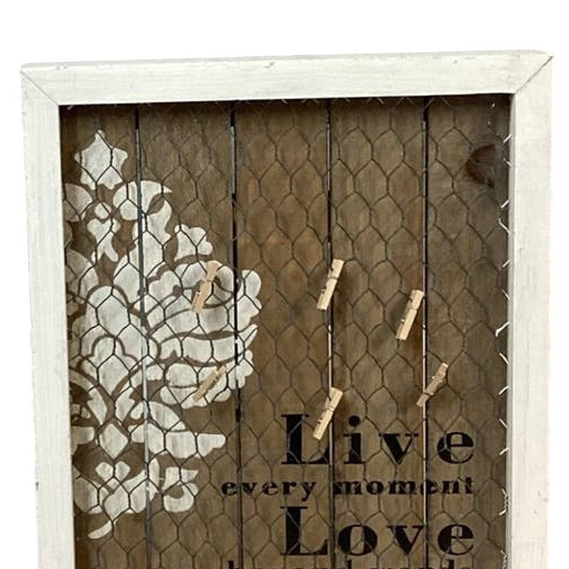 Live Every Moment Framed Art Wood Clothes Pin Jewlery Chicken Wire Craft Display
