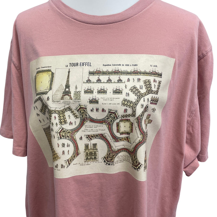Hand Printed Upcycled XXL Vintage Eiffel Tower Paris 1889 Architecture Tee Shirt