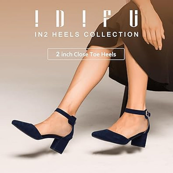 Idifu Womens Size 6 Navy Faux Suede Closed Toe 2" Block Heel Ankle Strap Shoes