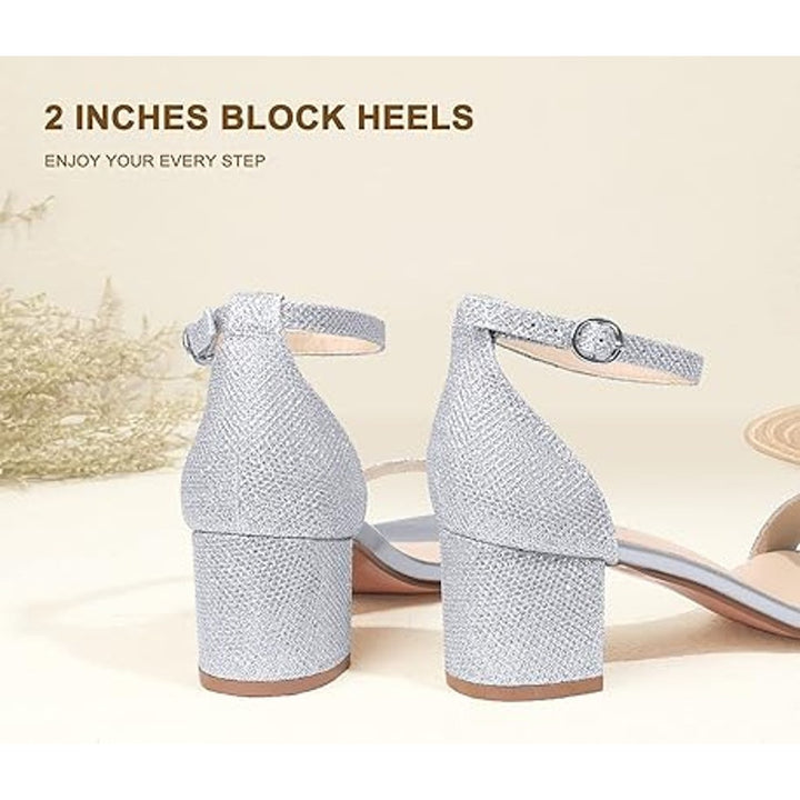 Idifu Womens 9 Silver Glitter Open Toe 2" Block Heel Ankle Strap Sandal Shoes