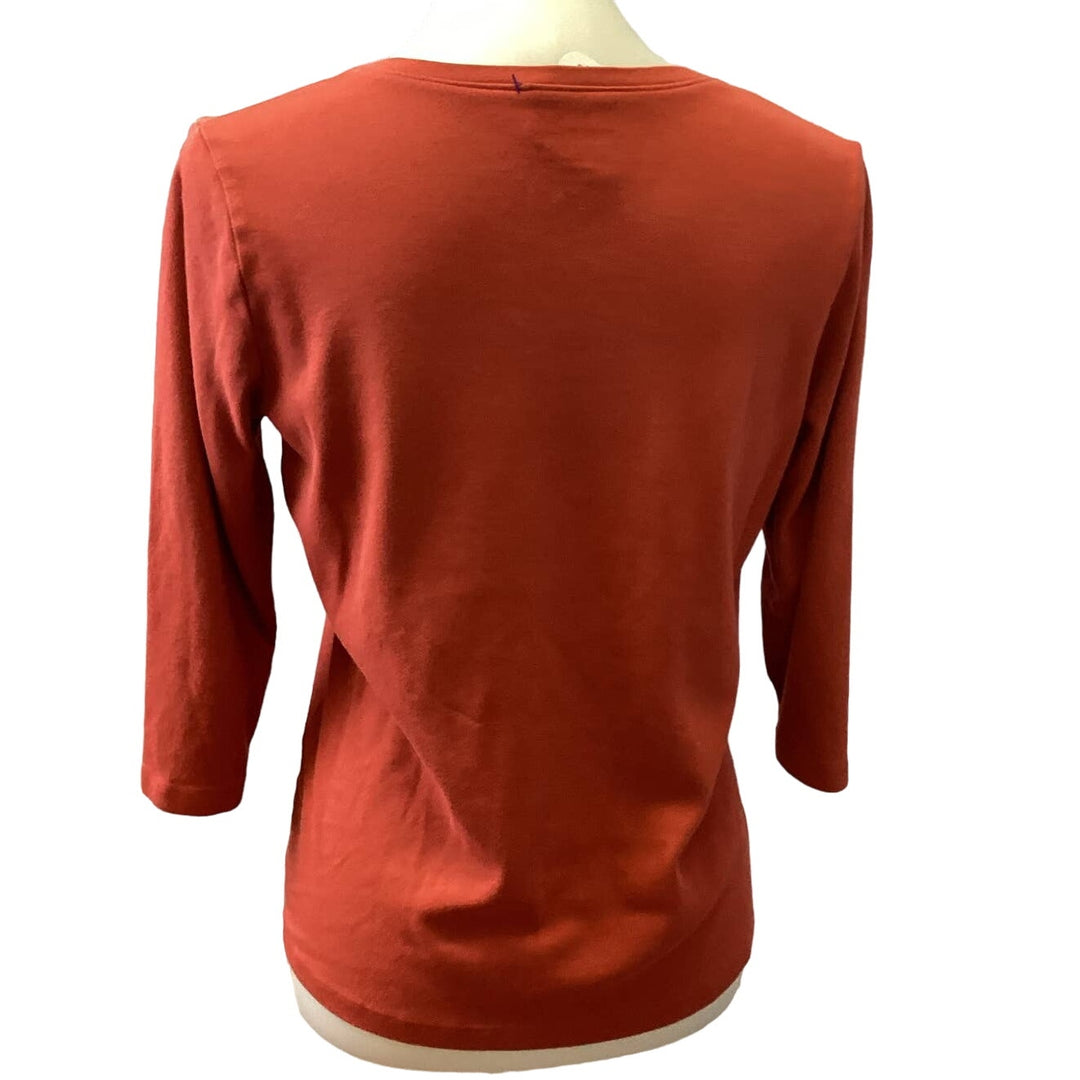 Hand Printed Upcycled Small Dragonfly Cotton Long Sleeve V-Neck Tee Shirt