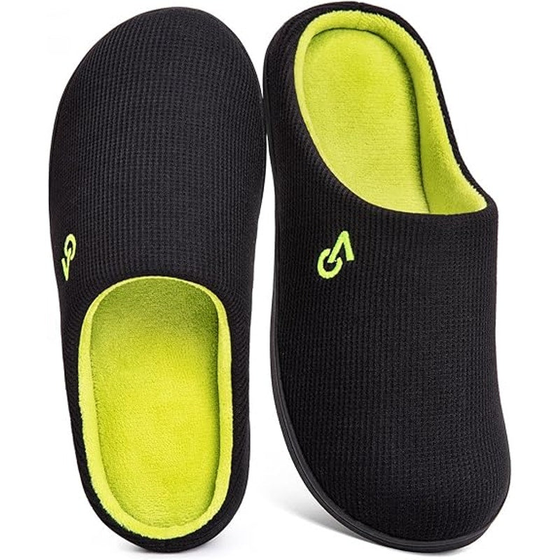 New VeraCosy Men 9/10 Black Lime Slide On Memory Foam Rubber Sole House Slippers