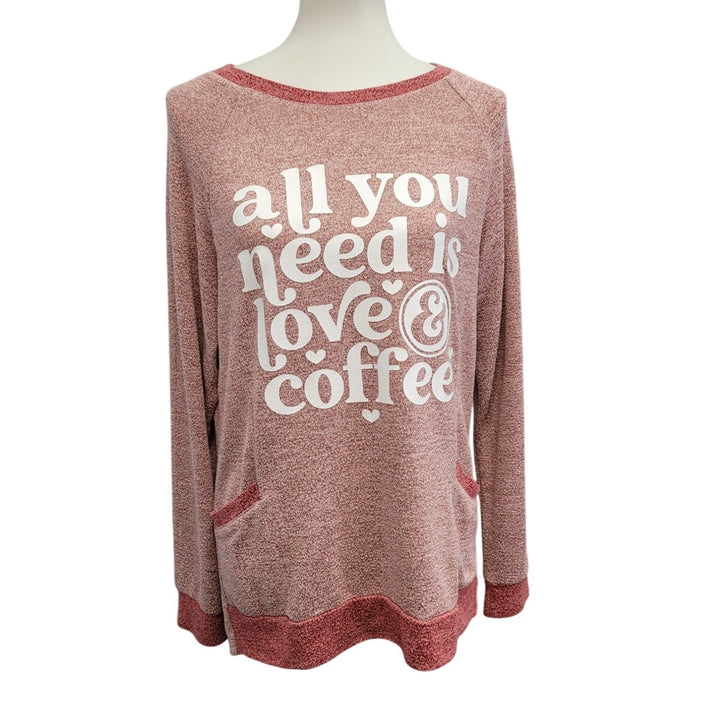Hand Printed Upcycled Womens Small All You Need Is Love &amp; Coffee Sweater