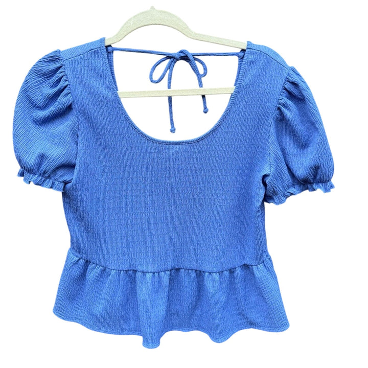 NWT New IN San Francisco Womens Small Short Sleeve Back Tie Polyester Peplum Top
