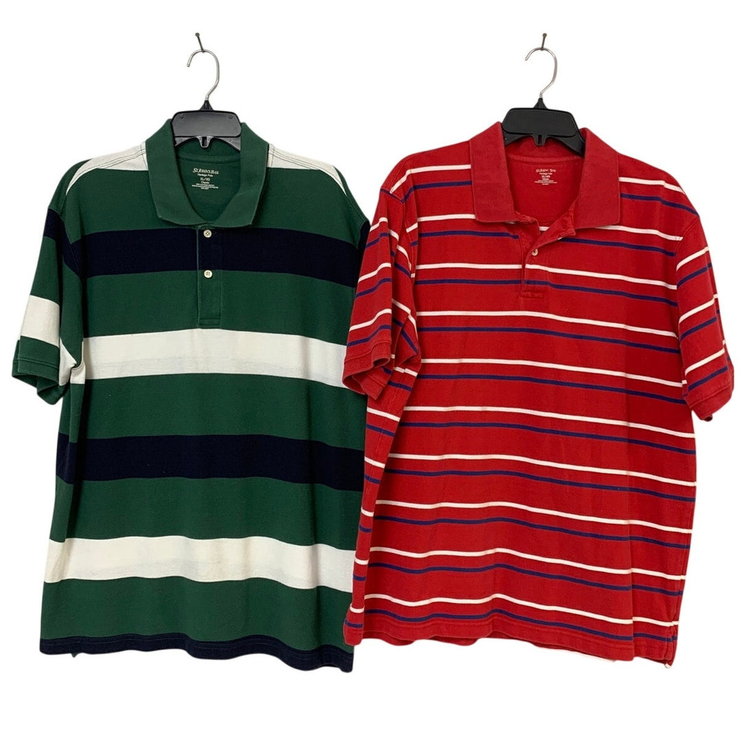 Lot of 2 St Johns Bay Mens XL Classic 100% Cotton Striped Green Red Polo Shirts