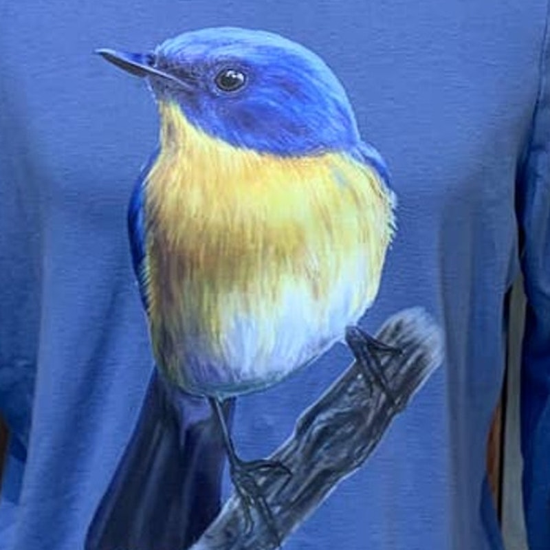 Upcycled Hand Printed XL Yellow Bluebird Ukraine Artist Fundraiser Bird Tee