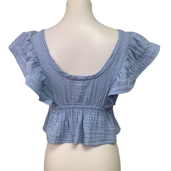 New Aerie Womens Small Pastel Blue Ruffle Sleeve Lace Front Button Cottage Top