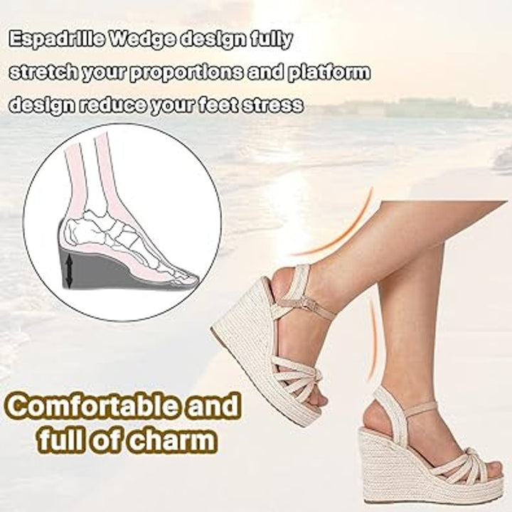 Mikarka Womens Size 8 Tan Straw Espadrille Open Toe 4" Wedge Heel Sandal Shoes