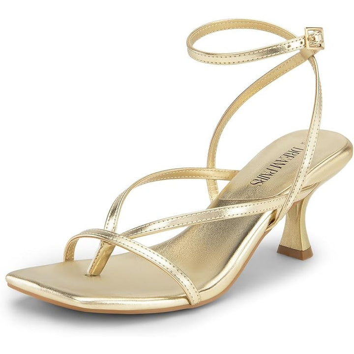 Dream Pairs Womens Size 7.5 Gold Open Toe Thong 3" Heel Ankle Strap Sandal Shoes