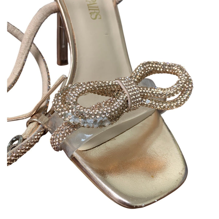 Dream Pairs Womens Size 6.5 Rose Gold Shiny Bow Open Toe Clear Strap 3.5" Heels