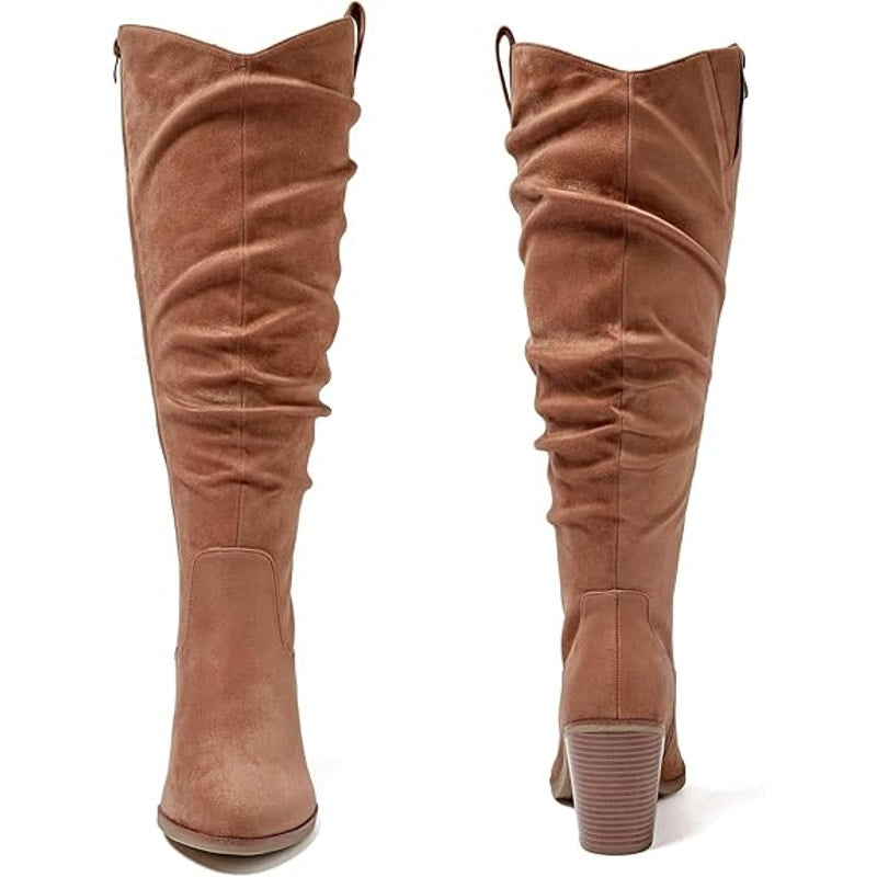 Luoika Womens Size 9 Extra Wide Brown Faux Suede Slouch 3.5" Heel Cowboy Boots
