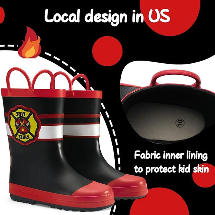 Mysoft Toddler Kids Size 7 Red Black Fire Chief Pull On Handles Rain Boots