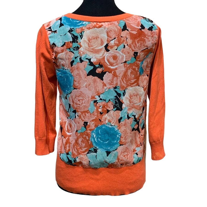 AB Studio Medium Sheer Floral Back 3/4 Sleeve Button Down Cardigan Sweater
