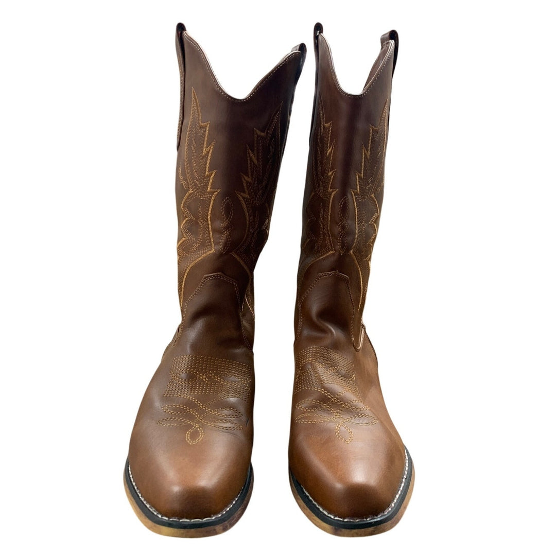IUV Womens Size 9.5 Brown Faux Leather 1.5" Block Heel Embroidered Cowboy Boots