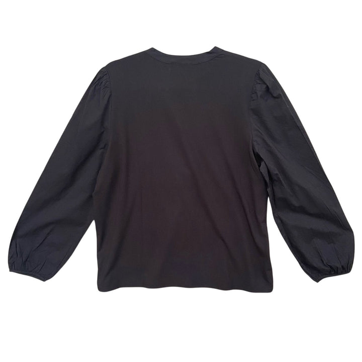 NWT New Calligraphie Womens Large Black V-Neck Puff Sleeve Half Button Blouse