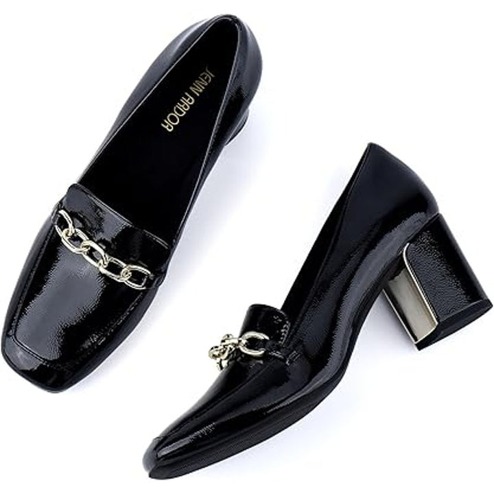 New Jenn Ardor Womens Size 8.5 Black Faux Leather Gold Chain 3" Block Heel Shoes