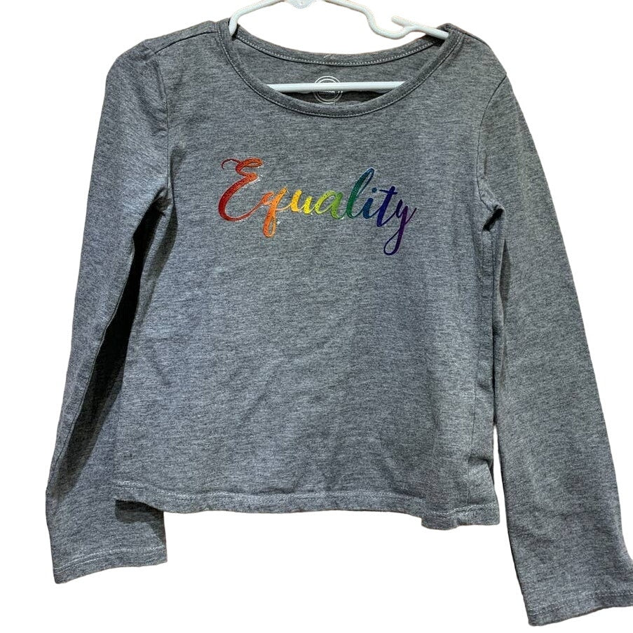 Hand Printed Upcycled Kids Small 4-5 Equality Rainbow Pride Gray Long Sleeve Tee