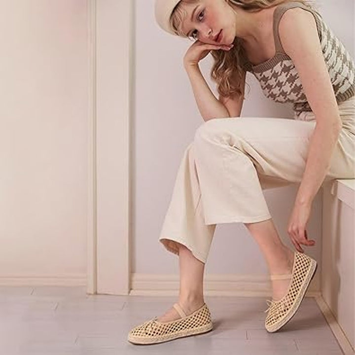 Mikarka Womens Size 8 Tan Mesh Espadrille Elastic Strap Bow Raffia Flats Shoes