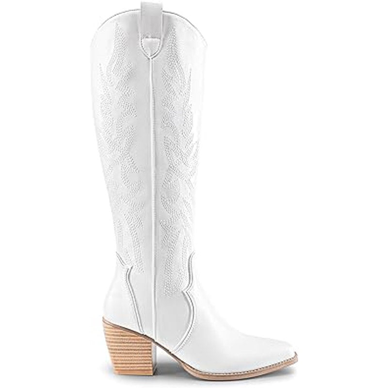 Dream Pairs Womens Size 8 White Faux Leather 3" Block Heel Western Cowboy Boots
