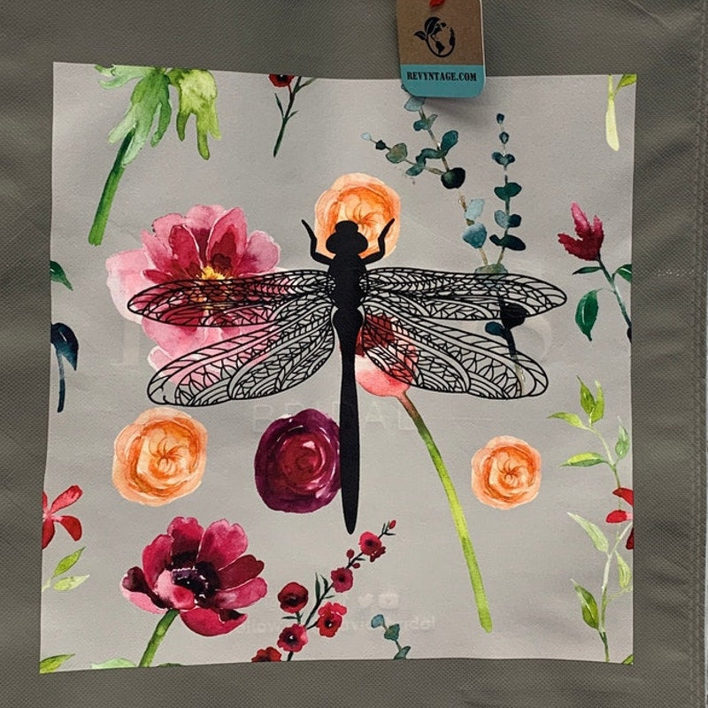New Upcycled Hand Printed Floral Dragonfly Hello Beautiful Shopper Tote Bag