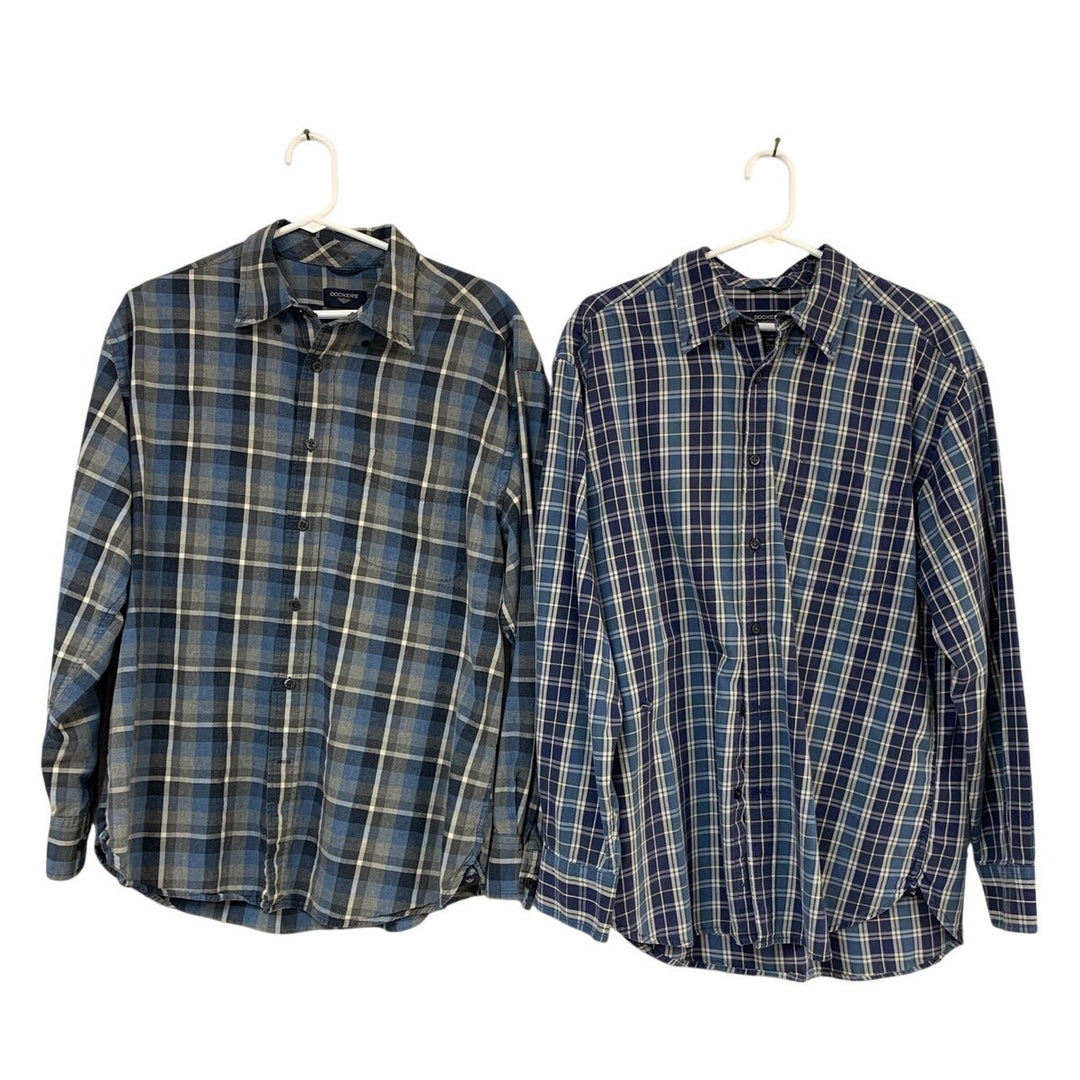 Lot of 2 Dockers Mens Large Blue Plaid Long Sleeve Collared Button Up Shirts