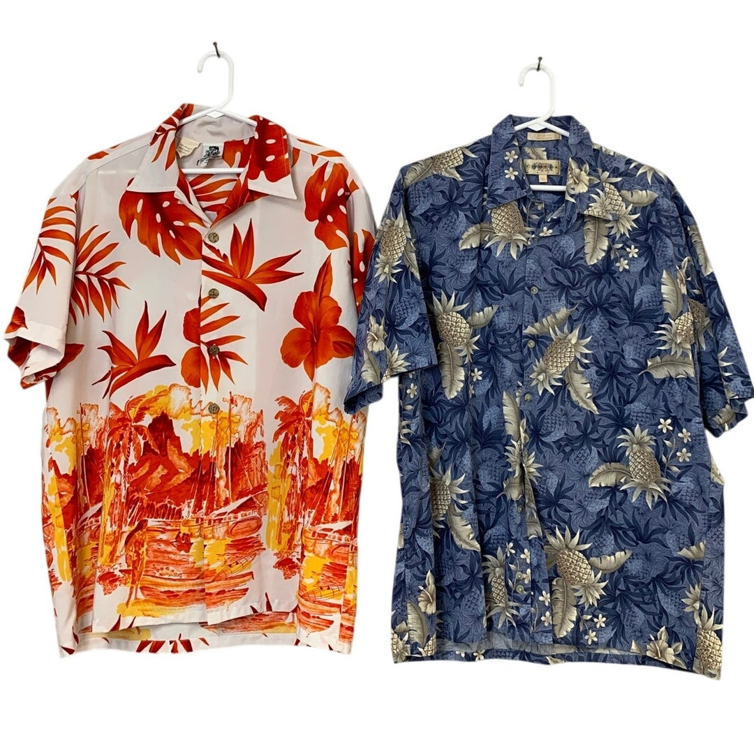Lot of 2 Kennington Campia Mens Large Orange Floral Pineapple Button Up Shirts