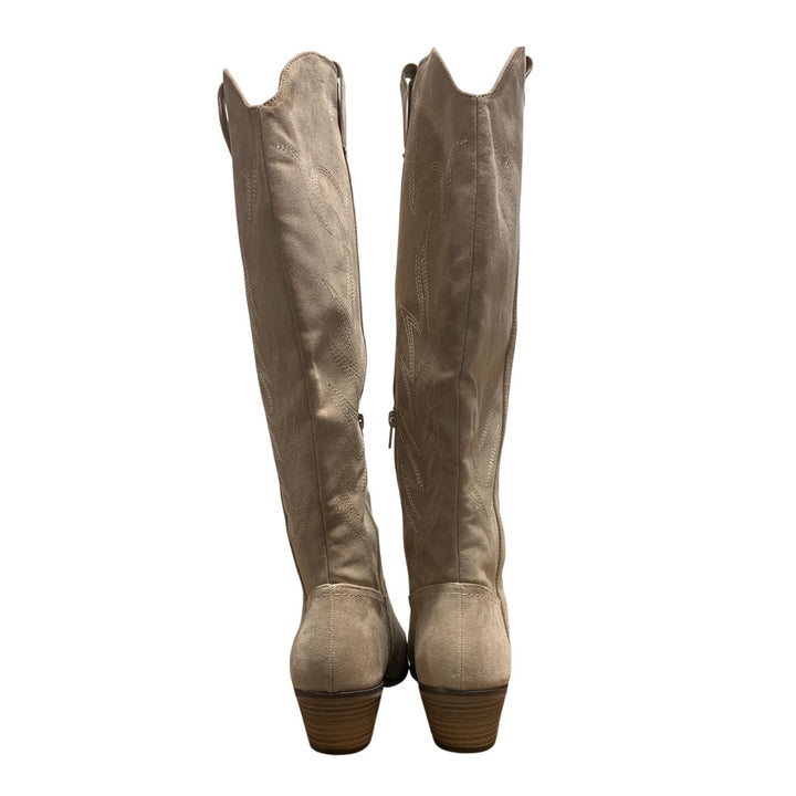 New Women Size 8.5 Tan Faux Suede Embroidered 2" Block Heel Cowboy Cowgirl Boots