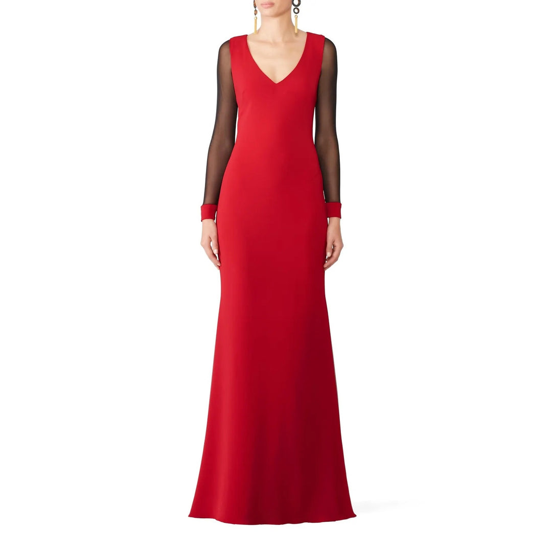 Badgley Mischka Women Size 4 Long Red Black Ruby Illusion Long Sleeve Gown Dress