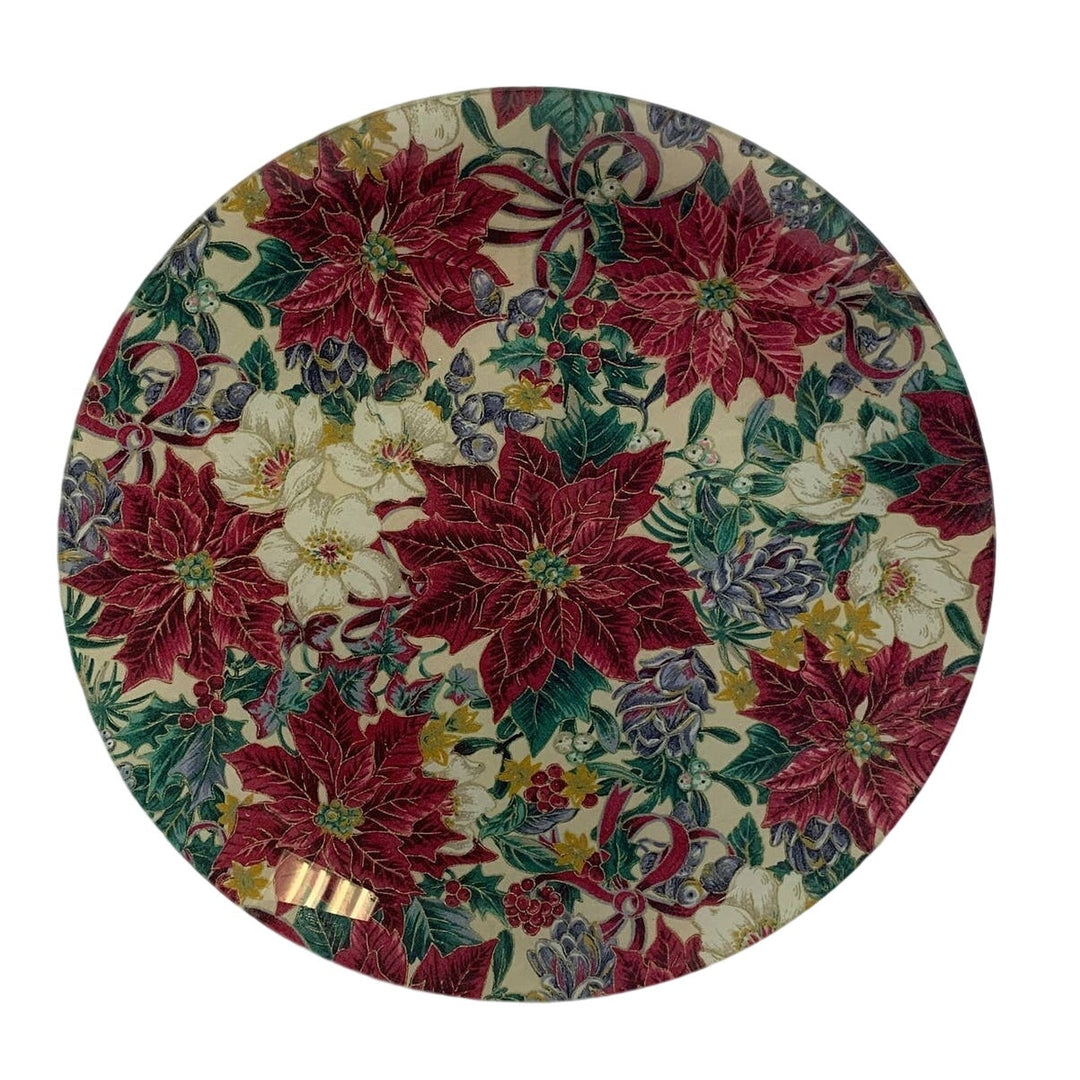 Handmade Christmas Pink Poinsettia Flowers Berries Decoupage Fabric Glass Plate