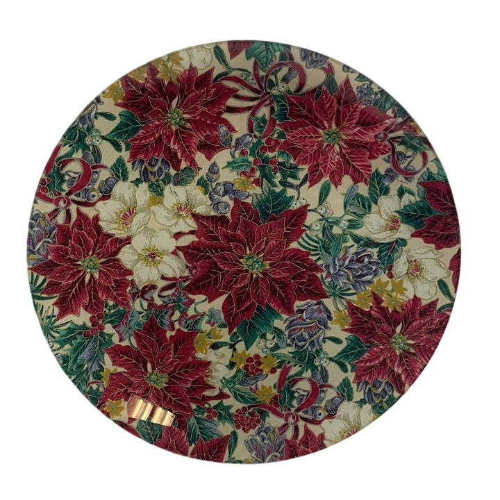 Handmade Christmas Pink Poinsettia Flowers Berries Decoupage Fabric Glass Plate