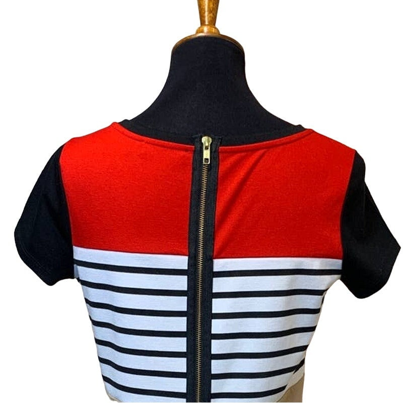 The Limited Medium Striped Career Body Con Short Sleeve Polyblend Back Zip Dress