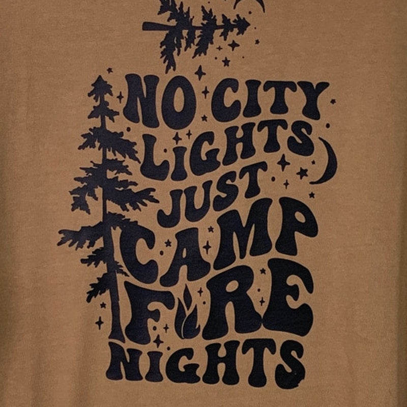 New Upcycled Hand Printed Womens Medium No City Lights Just Camp Fire Nights Tee