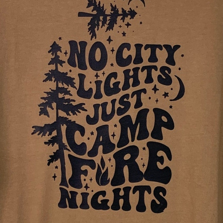 New Upcycled Hand Printed Womens Medium No City Lights Just Camp Fire Nights Tee