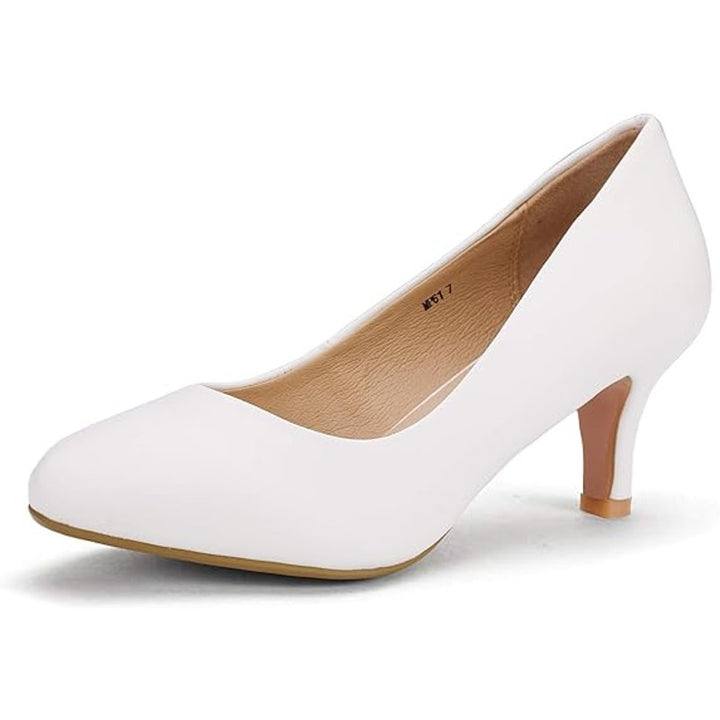 Idifu Womens 8.5 White Faux Leather Closed Toe 2.5" Heel Slide On Pumps Shoes