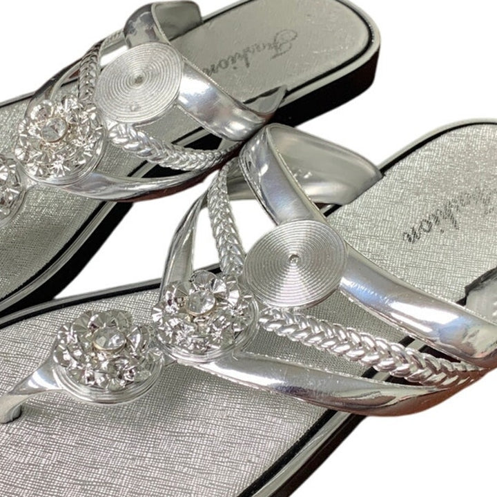Fashion Womens 7.5 Silver Rhinestone Thong Flat Flip Flop Slip On Sandal Shoes