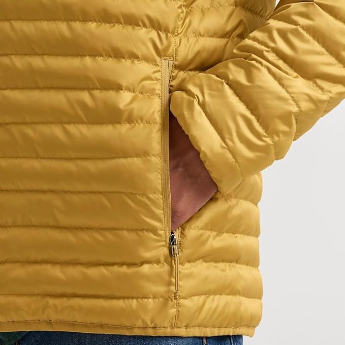New Eddie Bauer Mens Medium Gold Microlight 650FP Down Zip Up Puffer Hooded Jacket