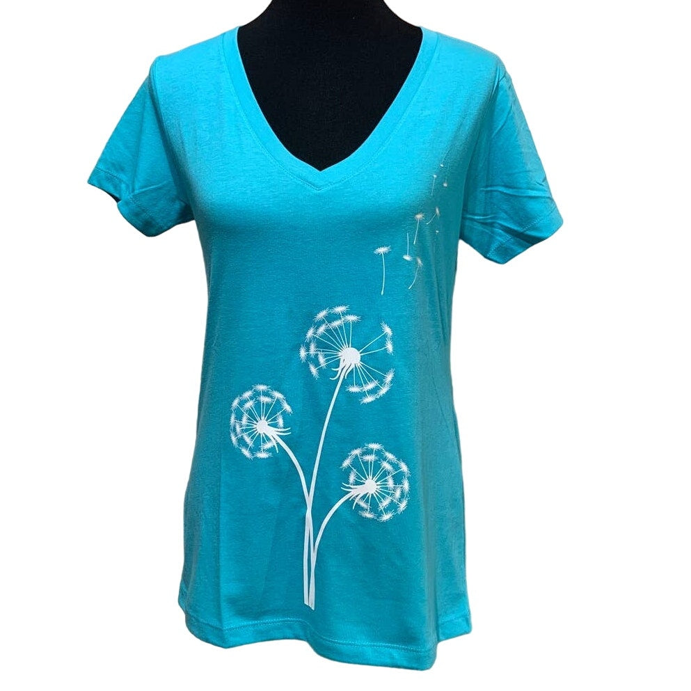 New Hand Printed Medium Make A Wish Dandelion Short Sleeve PolyCotton VNeck Tee