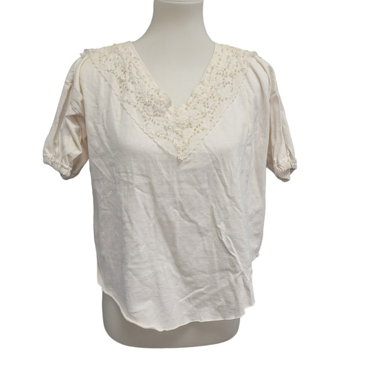 Vintage Bravo Womens Medium Short Sleeve Cold Shoulder Beaded V Neck Cropped Top