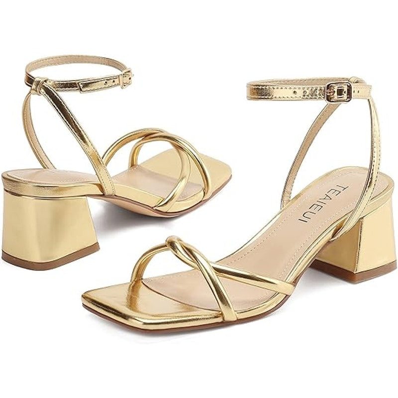 Teaieui Womens 6 Shiny Gold Open Toe 2.5" Block Heel Ankle Strap Sandal Shoes