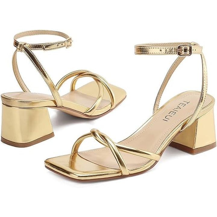 Teaieui Womens 6 Shiny Gold Open Toe 2.5" Block Heel Ankle Strap Sandal Shoes