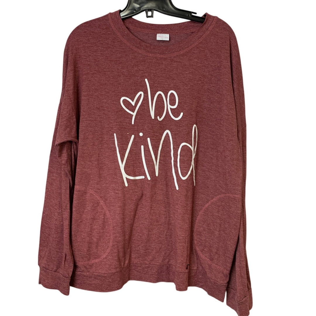 Upcycled Hand Printed Womens Large Pink Be Kind Heart Long Sleeve Tee Shirt EUC