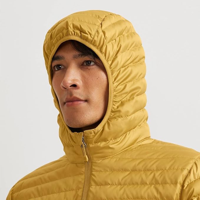 New Eddie Bauer Mens Medium Gold Microlight 650FP Down Zip Up Puffer Hooded Jacket