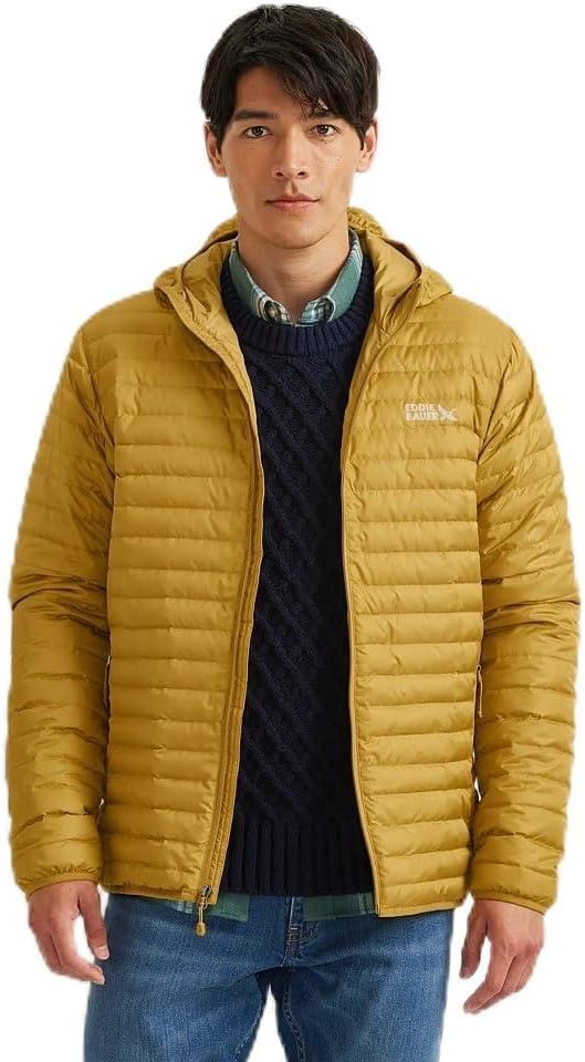 New Eddie Bauer Mens Medium Gold Microlight 650FP Down Zip Up Puffer Hooded Jacket