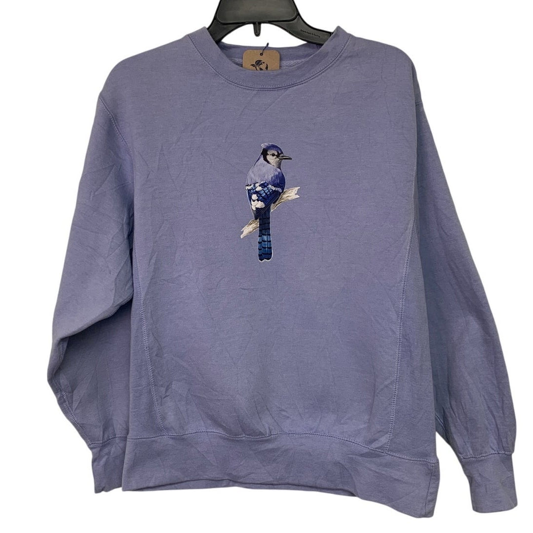 Upcycled Hand Printed Womens Small Blue Jay Bird Long Sleeve Sweatshirt