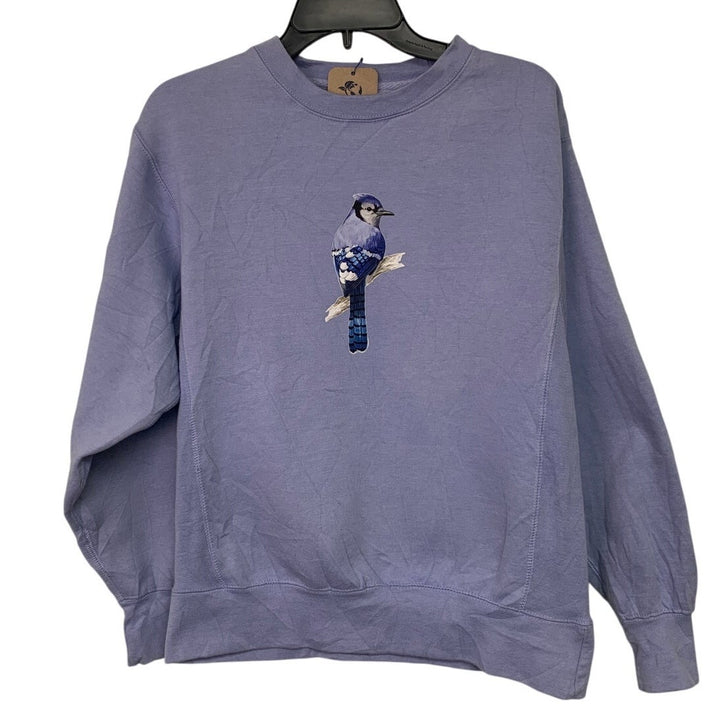 Upcycled Hand Printed Womens Small Blue Jay Bird Long Sleeve Sweatshirt