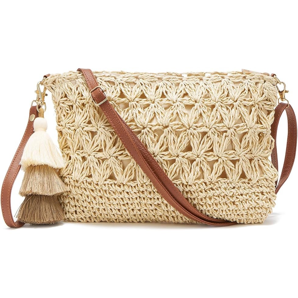 New Weimzc Womens Tan Small Straw Detachable Strap Purse Crossbody Bag Purse